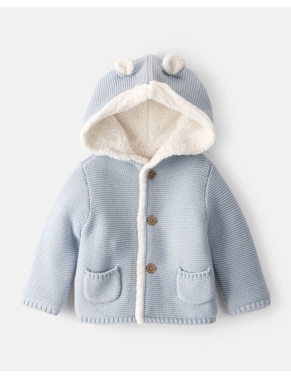 Carter's Light Blue Knit Hooded Cardigan with Cream Sherpa Lining and Ears